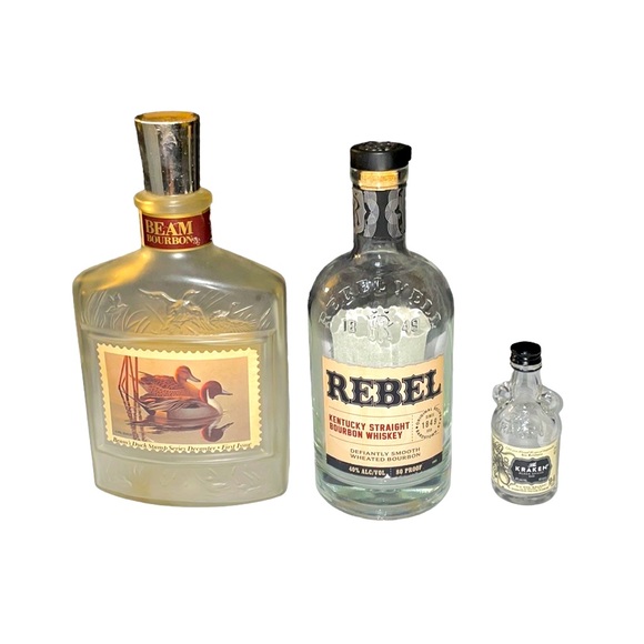 see description Other - 3 Empty Bottles Beam Bourbon Rebel Bourbon Whiskey Kraken Black Spiced Rum Craft